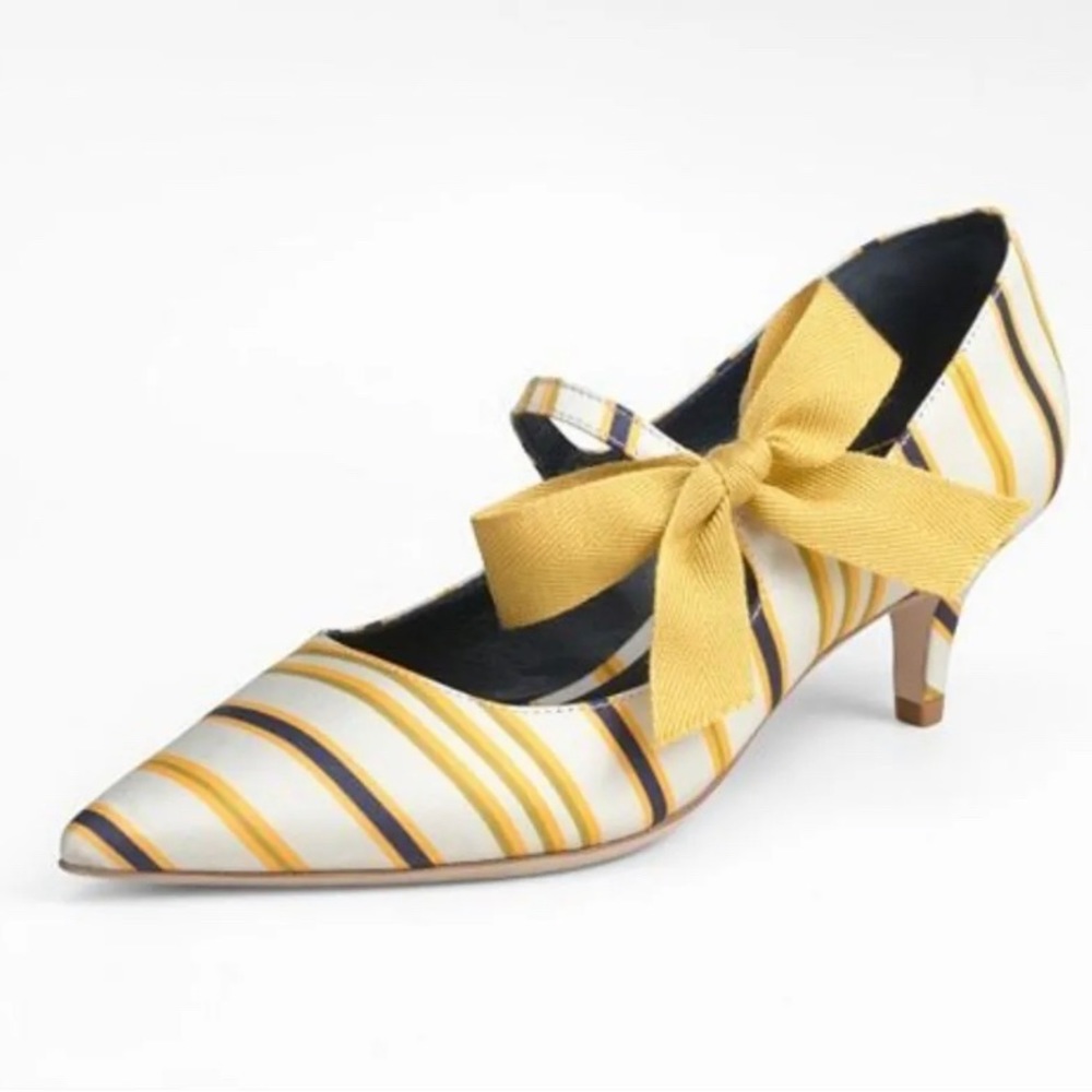 Tory Burch Beverly Striped Yellow Kitten Heel Pump Size 6.5